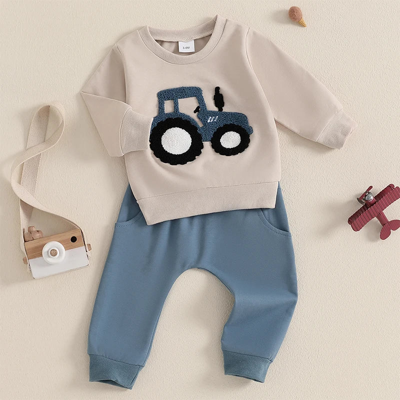 3-36 MO Boy Outfit, Tractor Embroidery Long Sleeve Sweatshirt with Solid Long Pants