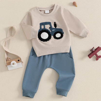 3-36 MO Boy Outfit, Tractor Embroidery Long Sleeve Sweatshirt with Solid Long Pants