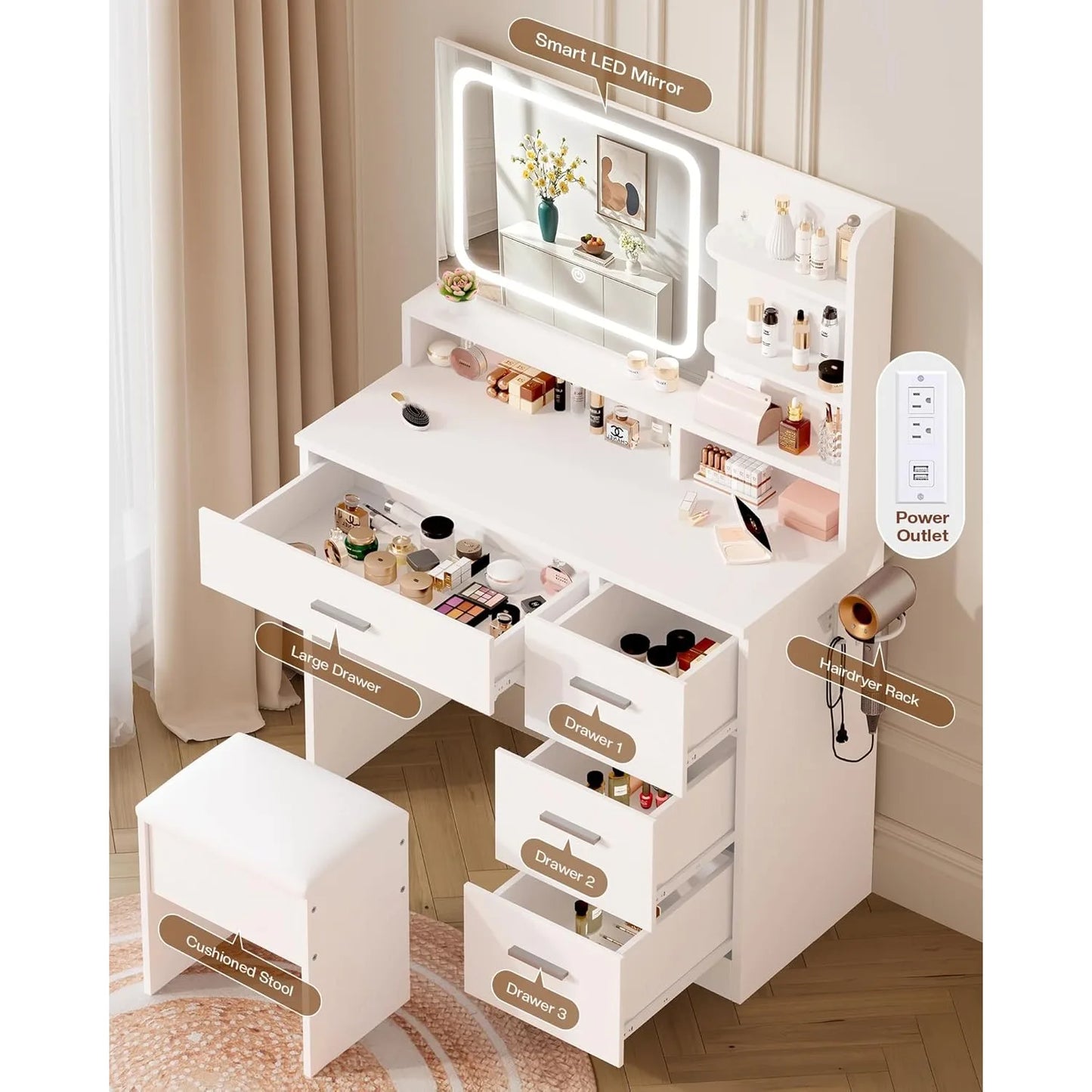 Makeup Vanity  35.4'Wx15.7'Dx53.9'H (Smart LED Mirror, Open Shelves, with Cushion Stool, 4 Drawers, Hairdryer Rack,