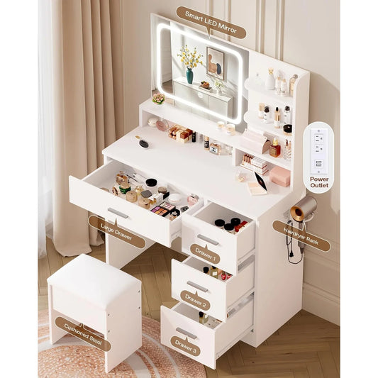 Makeup Vanity  35.4'Wx15.7'Dx53.9'H (Smart LED Mirror, Open Shelves, with Cushion Stool, 4 Drawers, Hairdryer Rack,
