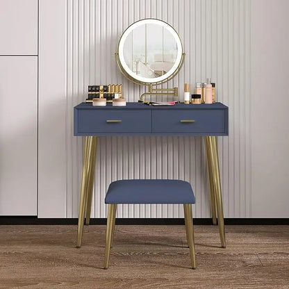 Vanity Desk Set with 360° Rotating Mirror and Lights, with Microfiber Leather, with 2 Drawers,