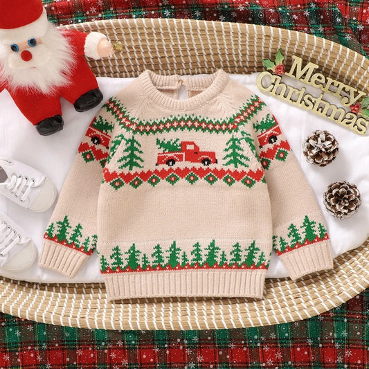 9 MO-3T Boy Christmas Sweater, Round Neck, Truck Print Knit Pullover