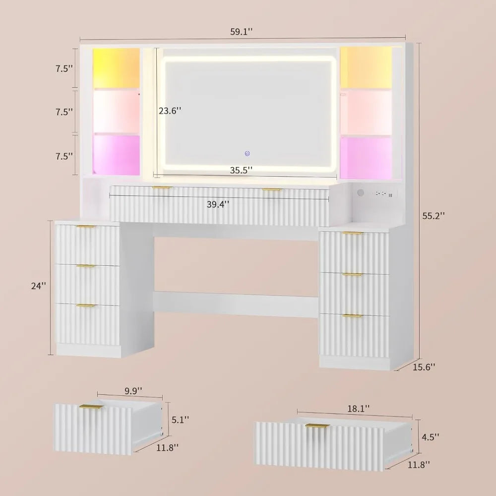 59.1" Vanity Desk with Mirror and Sound Sync LED Lights, 8 Drawers,