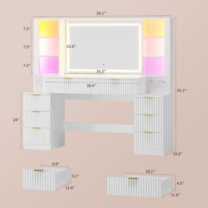 59.1" Vanity Desk with Mirror and Sound Sync LED Lights, 8 Drawers,