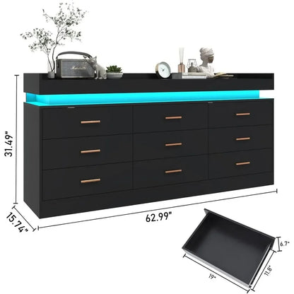 9 Drawer Dresser with Charging Station and LED Lights, Power Outlet