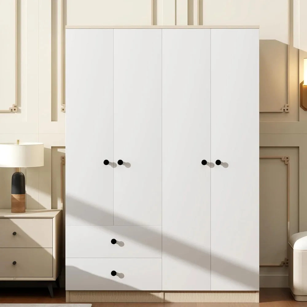 4-Door White Wooden Armoire Wardrobe Closet with 2 Drawers and 2 Hanging Rods