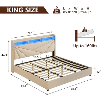 King Size Bed Frame with Storage, Lift Up Upholstered King Bed Frame with LED Lights Headboard and Charging Station, No Box Spring
