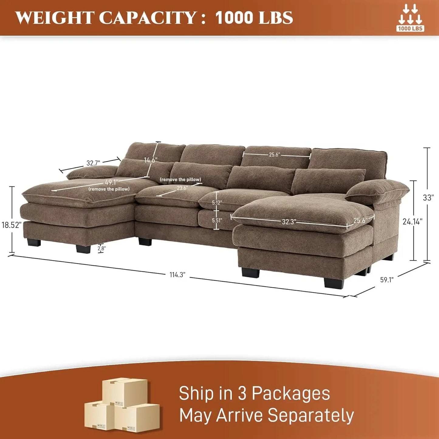 114" U Shape Sectional Cloud Couch
