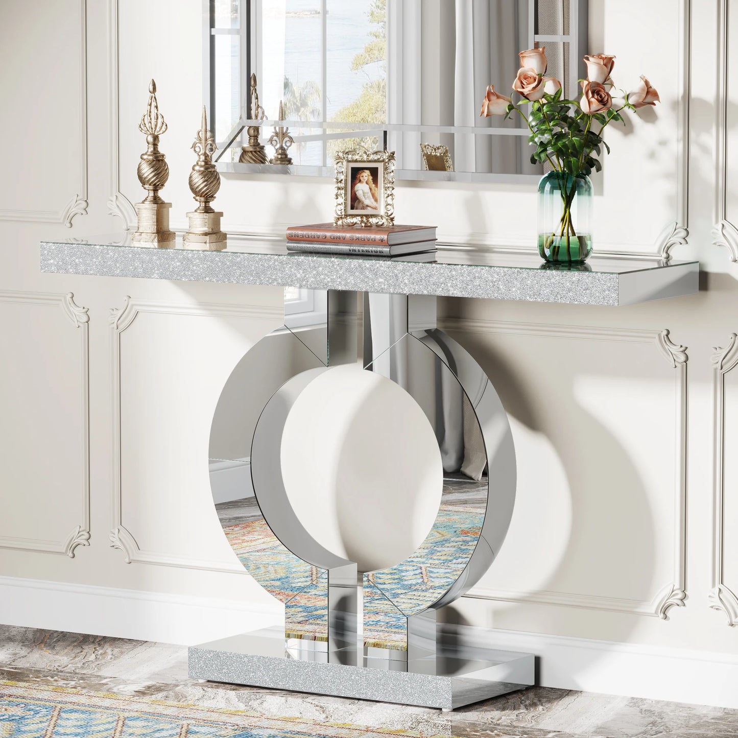 43.3-Inch Mirrored Console Entryway Table with Mirror Finish Tabletop