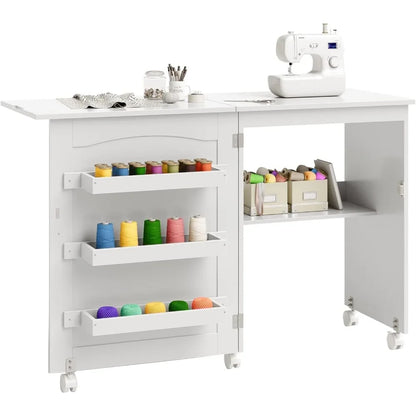 Folding Sewing Cabinet with 3 Storage Bins and Shelf, Rolling Craft Station
