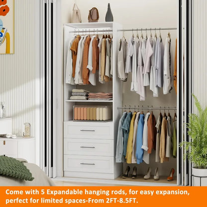 Closet System with 3 Drawers, 4-8.5 FT Wooden Closet Organizer System, 103” Closet Built in System with Shelves