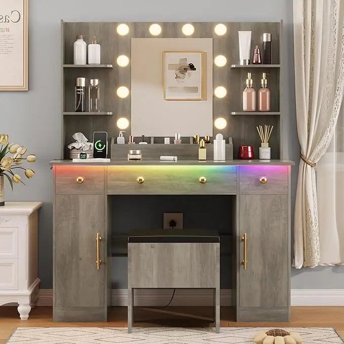 Makeup Desk with Mirror & Lights: Charging Station, 3 Drawers & Stool