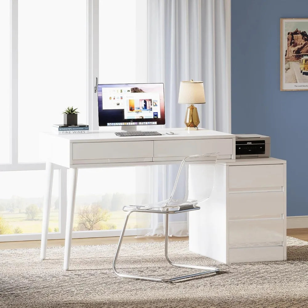 Vanity Desk with 5 Drawers, Reversible Drawer, Printer Stand, Computer Desk with Built-in Power