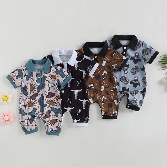 0-18 mo Infant Baby Boys Jumpsuit, Casual Head Print, Short Sleeve Romper