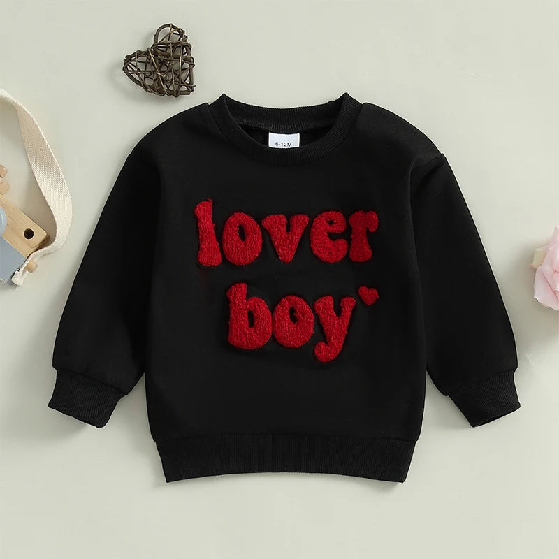 Toddler/Baby Boys Valentine's Day Sweatshirts, Long Sleeve, Crew Neck, Letter Embroidery