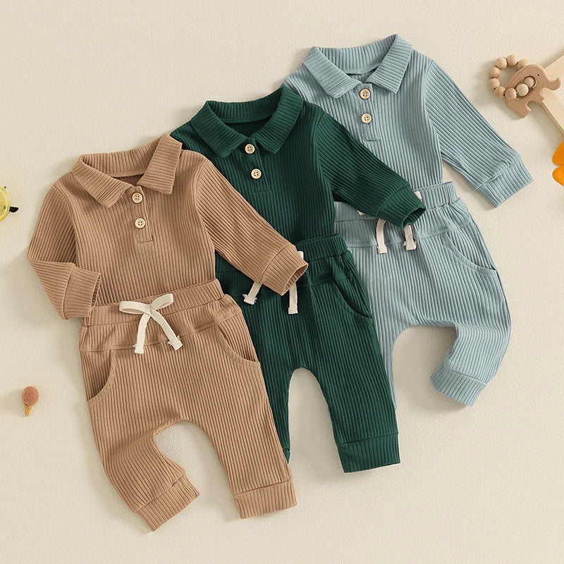 Autumn Infant Baby Boys Ribbed Set, Button Long Sleeve Romper, Drawstring Pocket Trousers