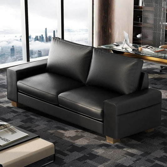 Faux Leather Comfy Loveseat Sofa with Wide Arm, Side Pockets, Solid Wooden Frame