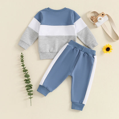 3-24 MO & 3T Boy Pants Set, Long Sleeve, Round Neck Sweatshirt. Drawstring Long Pants Contrast Color Outfits
