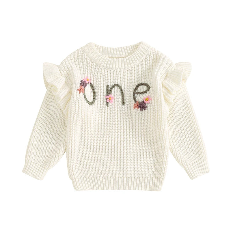 6-18 MO Birthday Sweater, Floral Letter Embroidery, Warm Knitted Pullover