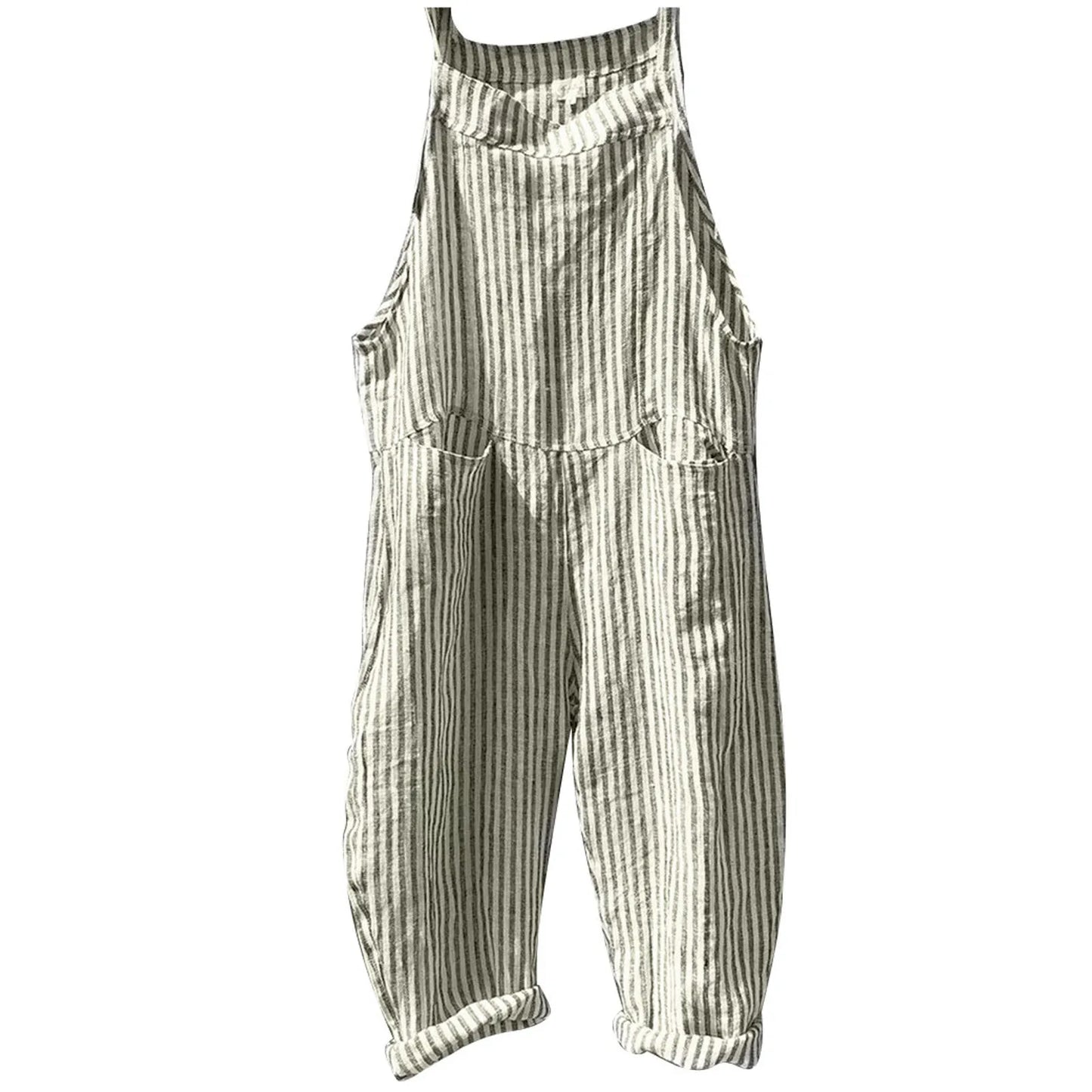 Casual Striped Overalls, Loose Fit, Suspenders, Wide Leg Pants With Pockets