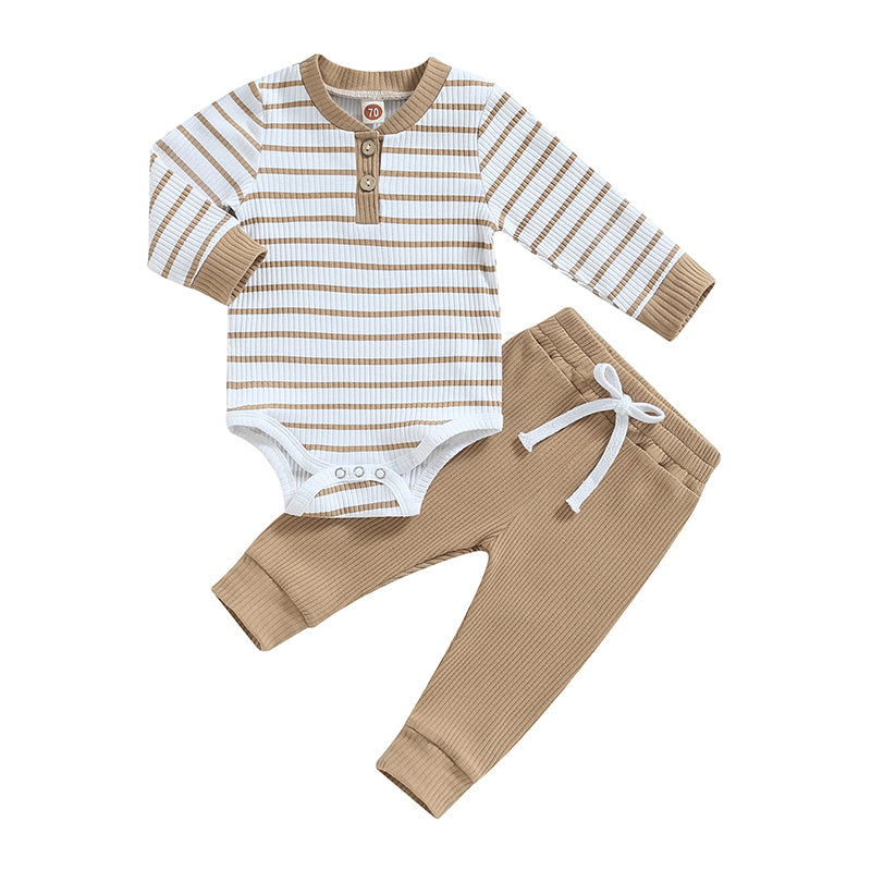 3-24MO Infant Boy Fall Outfits, Long Sleeve Striped Print Romper + Pants