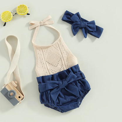6-24 MO Infant Girl Outfit, Solid Color Halter Neck Knit Sweater Romper, Denim Shorts, Belt, Headband