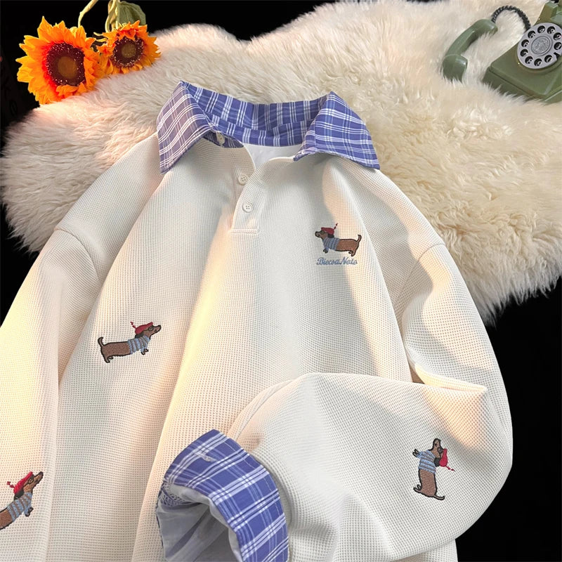 Unisex Plaid Patchwork Fake Two Sweatshirt, College Style Puppy Embroidery, POLO Collar