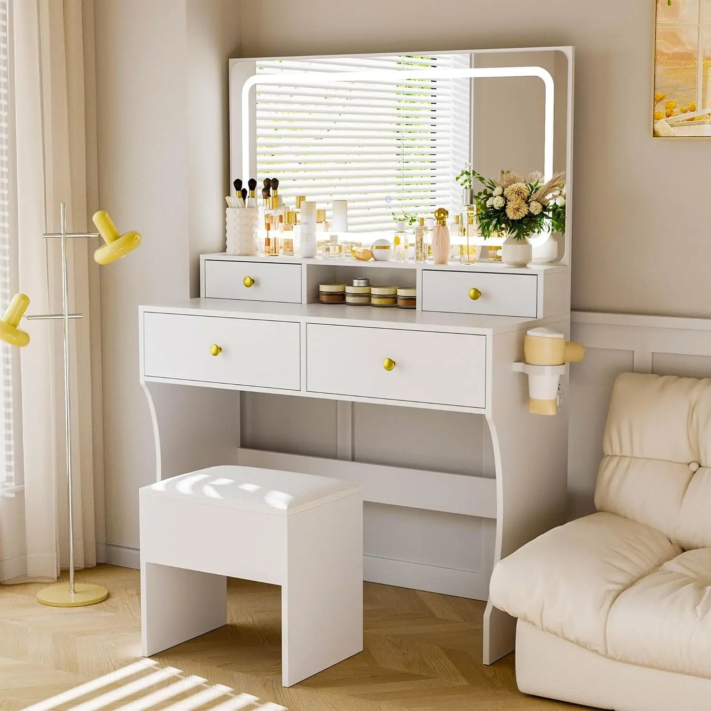 3-Piece Vanity/Desk with Upgraded Silent Slides, Movable Storage Cabinet, Golden Handles, 8 Drawers