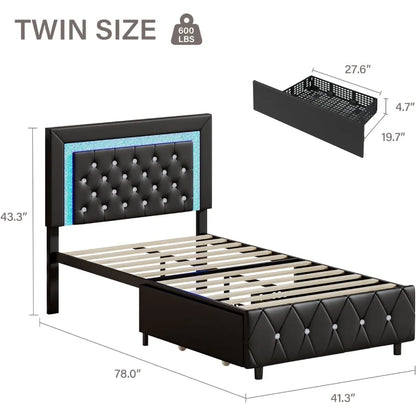 Faux Leather Upholstered Bed Frame with Diamond Headboard, LED Lights and Storage Drawers,