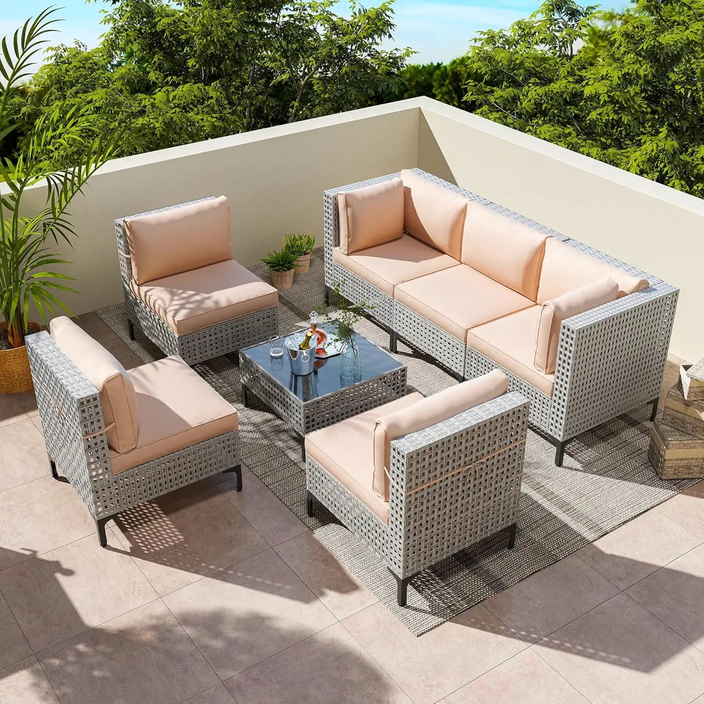 7-Piece Outdoor All-Weather Rattan Sectional Sofa With Thick Cushions