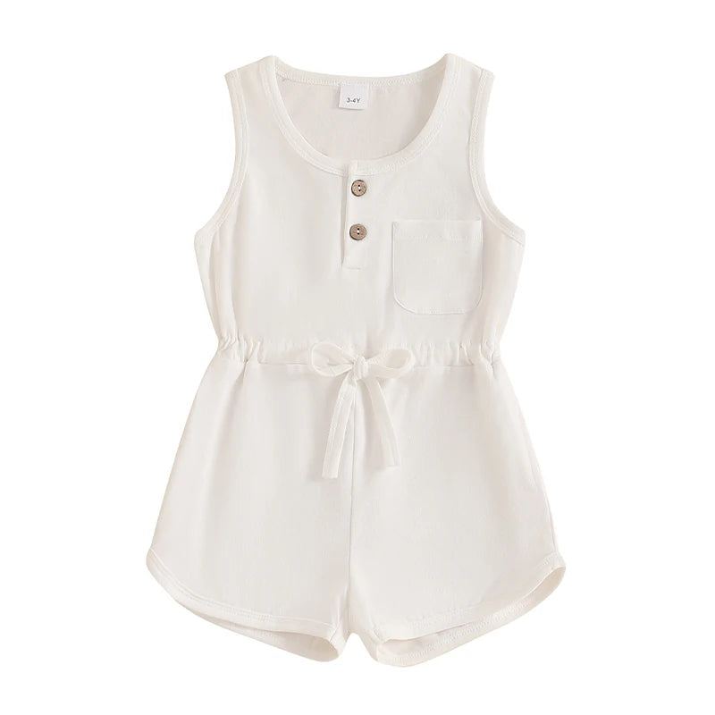 Little Girls Summer Casual Jumpsuit, Sleeveless, Crewneck, Solid Color Drawstring Tank Romper