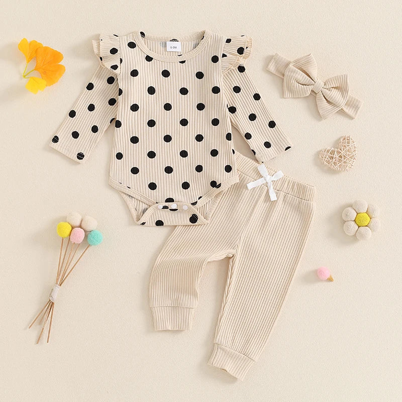 0-18M Baby Girls Fall Outfit, Long Sleeve Dots Print Romper with Pants and Bowknot Headband Clothing Set