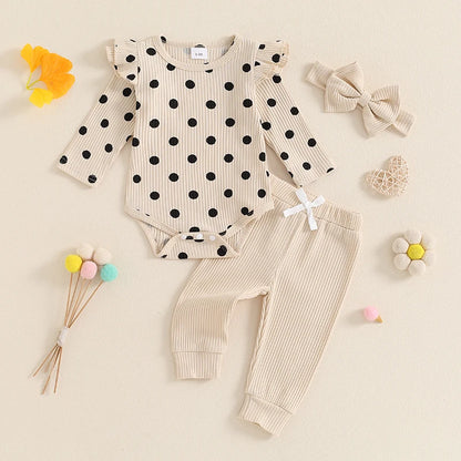 0-18M Baby Girls Fall Outfit, Long Sleeve Dots Print Romper with Pants and Bowknot Headband Clothing Set