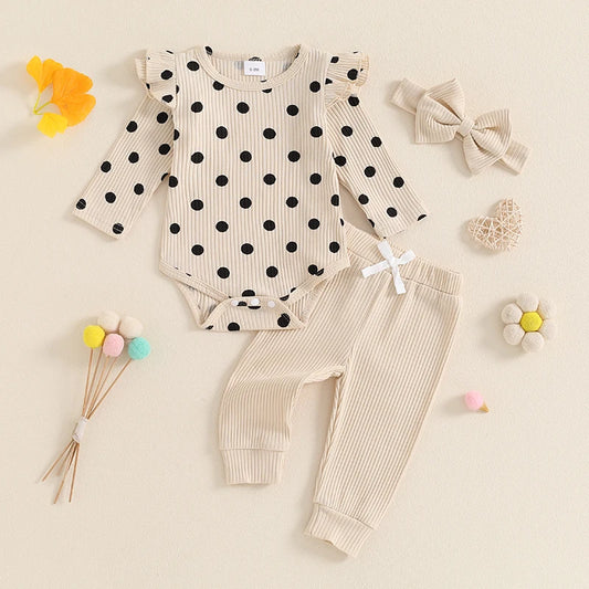 0-18M Baby Girls Fall Outfit, Long Sleeve Dots Print Romper with Pants and Bowknot Headband Clothing Set