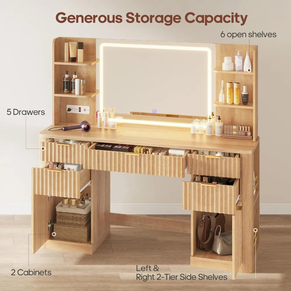 51.2" Vanity/Desk with Large 30.3" Mirror and Lights, 5 Drawer with Power Strip, 6 Open Shelves, 2 Cabinet