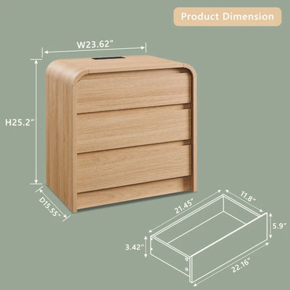 23.6'' Wide Wood Bedside Table w/3 Storage Drawers, with Charging Station