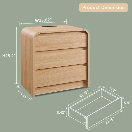 23.6'' Wide Wood Bedside Table w/3 Storage Drawers, with Charging Station