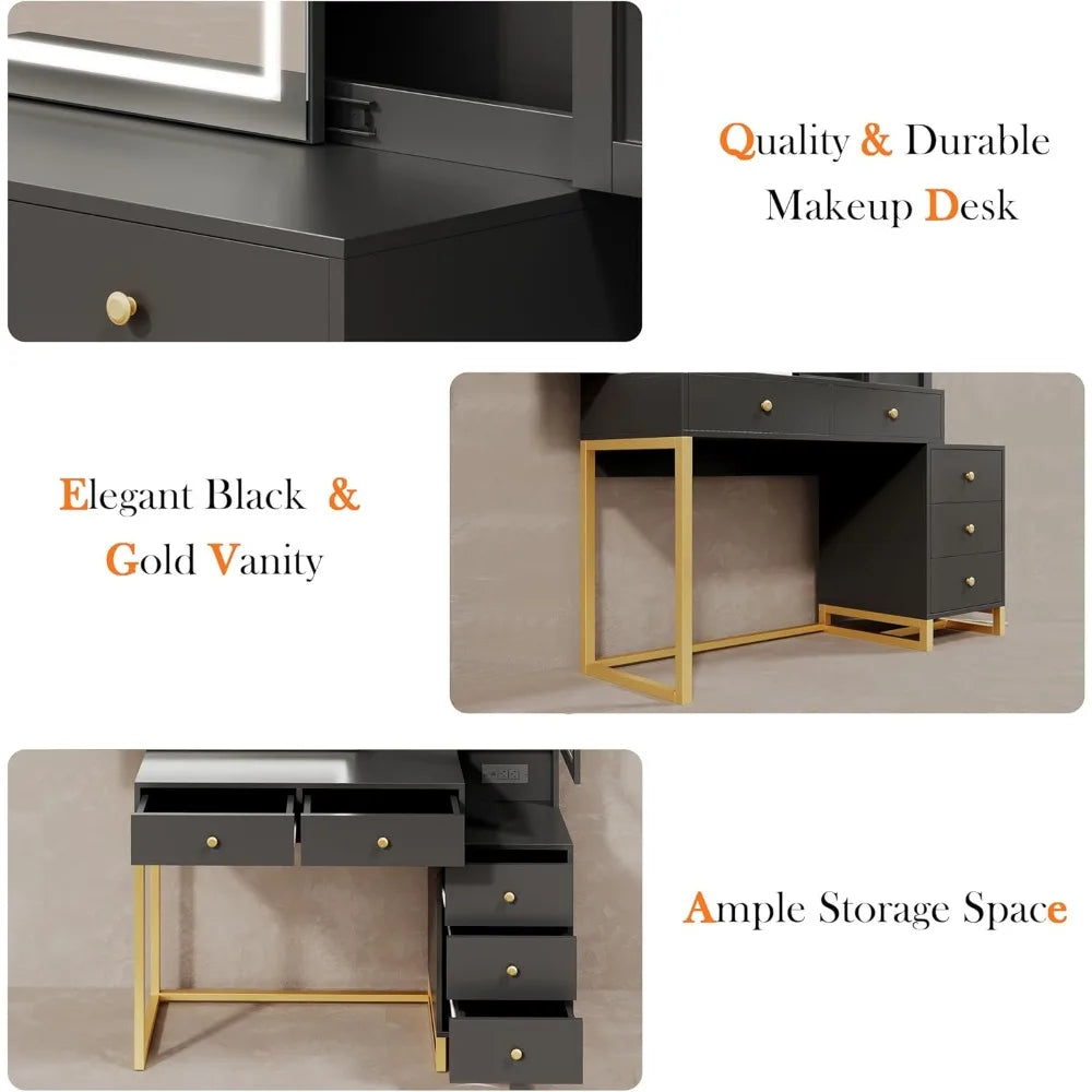 Vanity Desk with Sliding Mirror and LED Lights, Power Outlet & Vanity Stool f