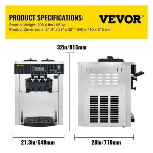 VEVOR Soft Ice Cream Machines 18-28L/H Commercial Sorbet Coolers Tricolor Desktop Sweet Cone Freezing Equipment Vending Machine