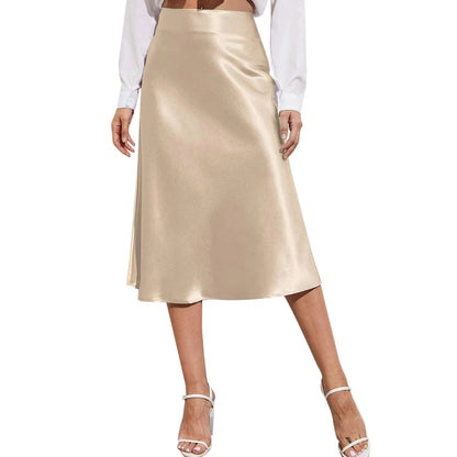 Womens Elegant Satin Skirt, High Waist, Midi Length, Satin Silk, Solid Color Office Work Skirts