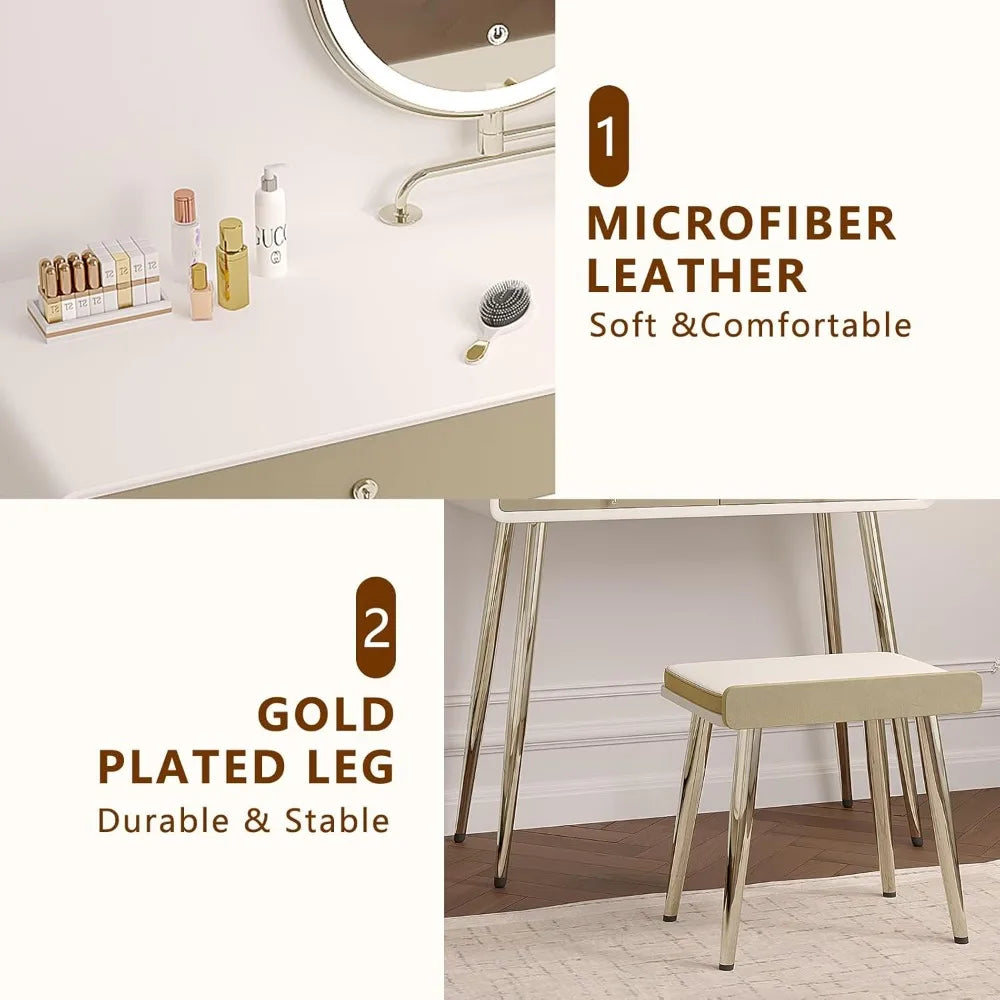 Vanity Desk Set with 360° Rotating Mirror and Lights, with Microfiber Leather, with 2 Drawers,