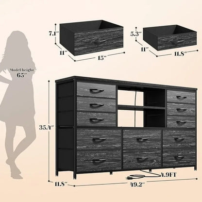 12 Drawers Dresser with LED Lights & Power Outlets, Stand for 60''TV