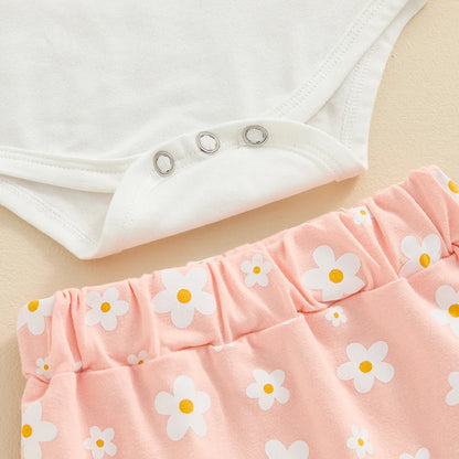 3Pcs  0-18 mo Baby Girl Outfit,  Daddy’s Girl, Short Sleeve Romper, Flower Ruffle Shorts, Headband