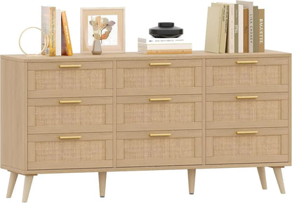 9 Drawer Double Dresser with Golden Handles