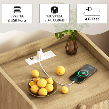 Rattan Nightstand with Charging Station, with 2 Drawers, Natural