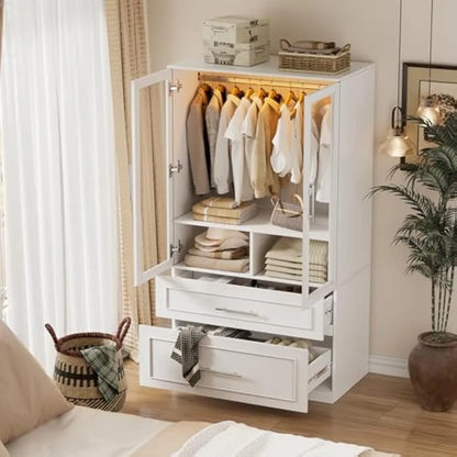 71" 2 Doors Armoire Wardrobe Closet with 2 Drawers and LED