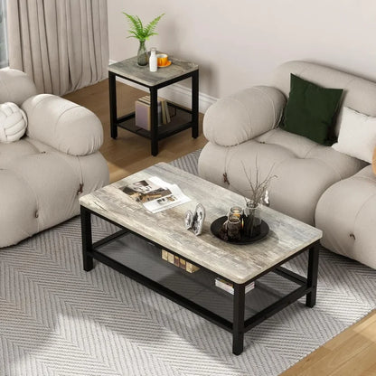 Industrial Coffee Table with 2 Square End Side Tables