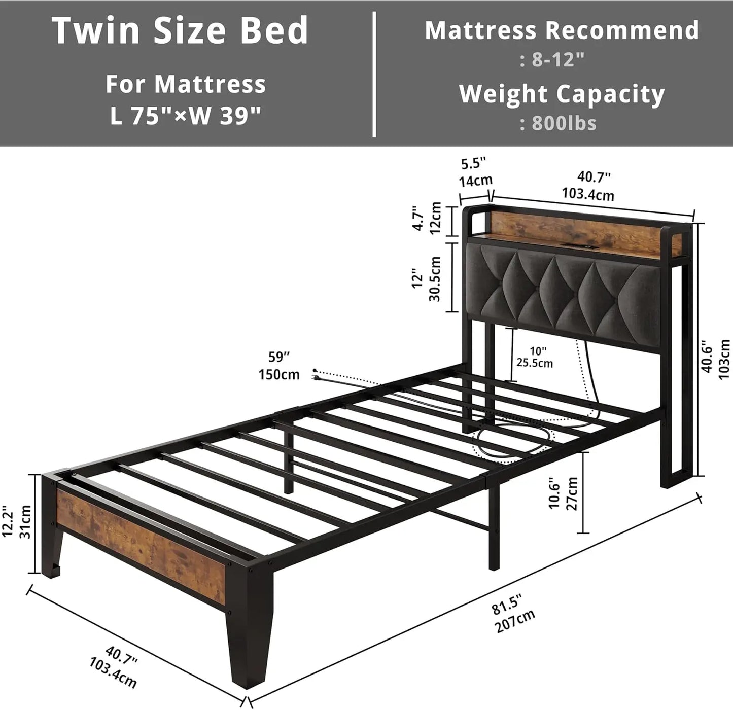 Twin/TwinXL/Full/Queen/King/CaliforniaKing Bed Frames, Storage Headboard with Outlets, No Noise, No Box Springs Needed