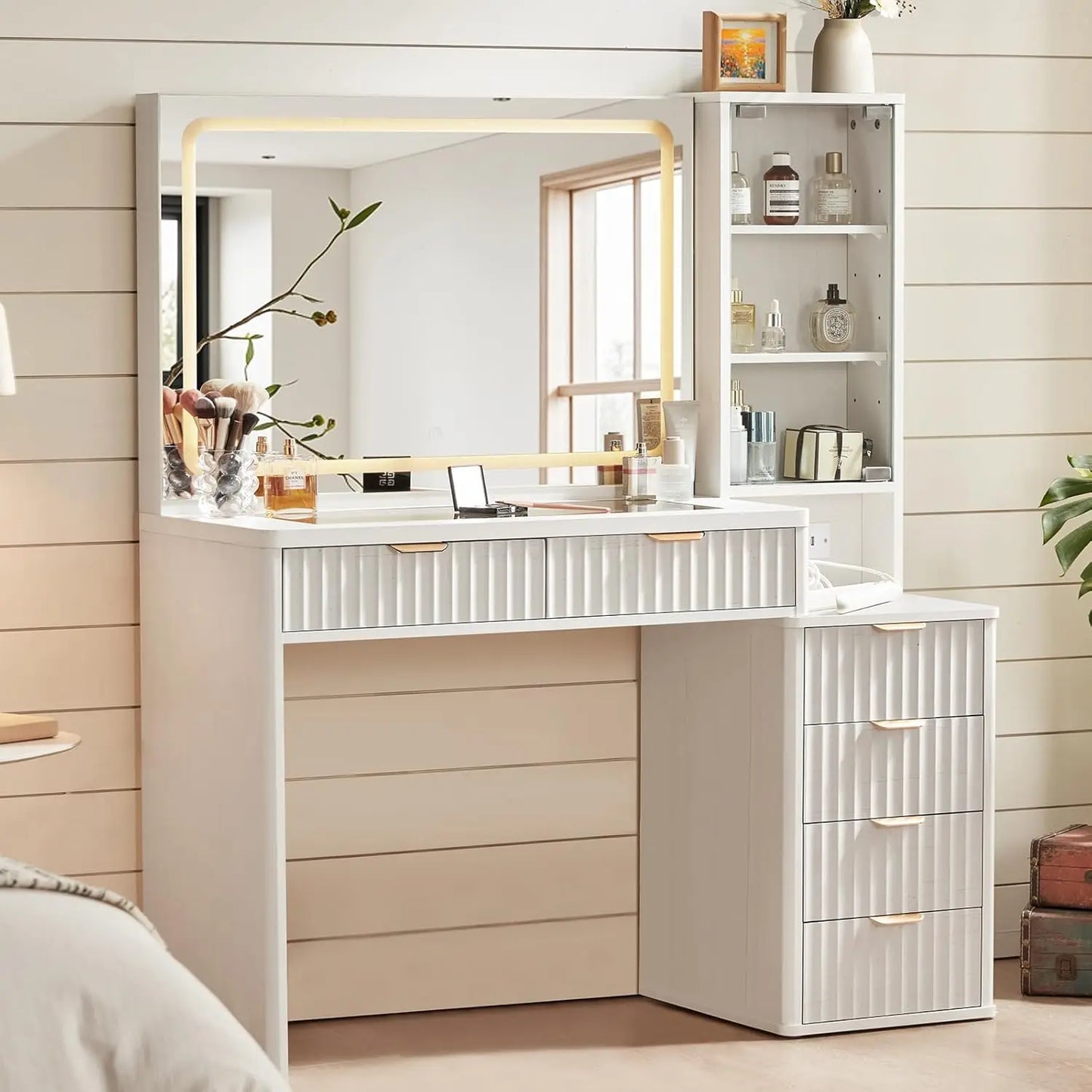 43.5'' Vanity Desk with Mirror and Lights, with 6 Drawers and Adjustable Shelves, Glass Top