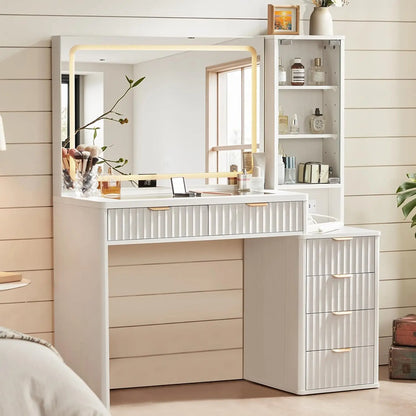 43.5'' Vanity Desk with Mirror and Lights, with 6 Drawers and Adjustable Shelves, Glass Top